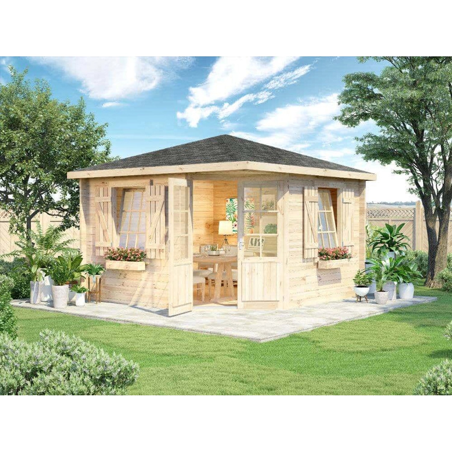 Alpholz Gartenhaus Monica Royal Spitzdach 375 cm x 375 cm Braun von Alpholz