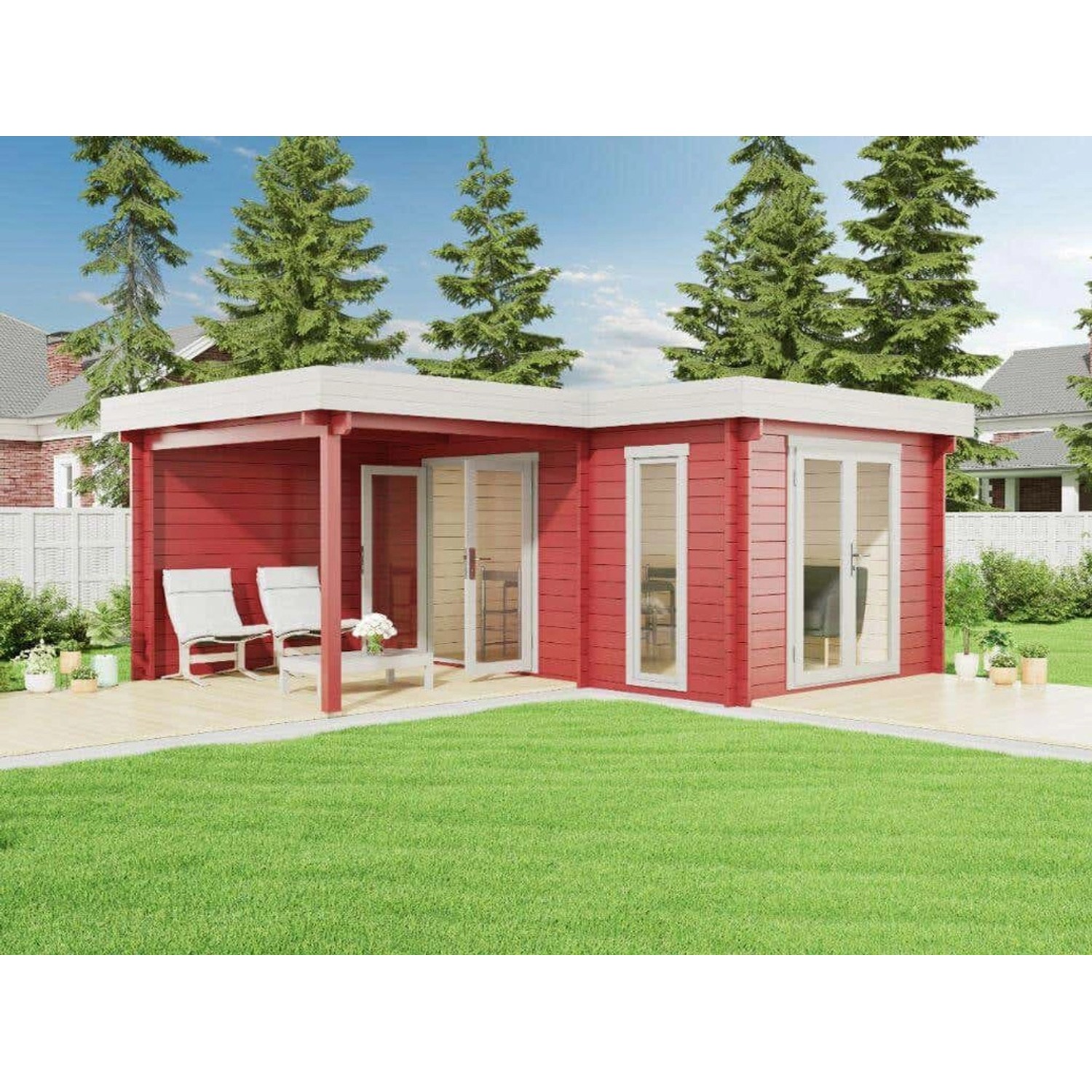 Alpholz Gartenhaus Quinta Flachdach 575 cm x 475 cm Rot von Alpholz