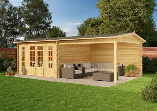Alpholz Gartenhaus Freiburg-44 aus imprägniertem (Pinie) Holz 755 x 399 cm mit 44 mm Wandstärke, Terrasse und Doppeltür von Alpholz
