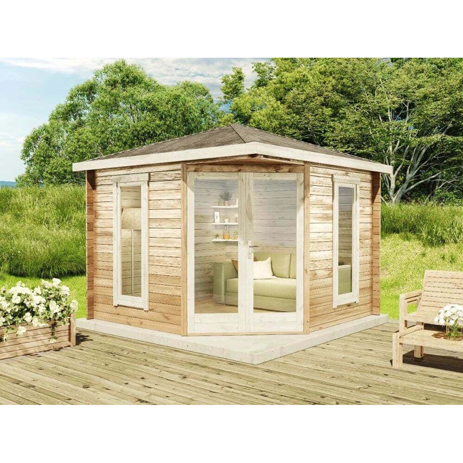 Alpholz Gartenhaus Liwa Compact Spitzdach 302 cm x 302 cm Imprägnierung Pinie von Alpholz