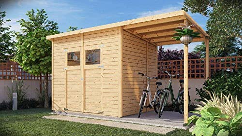 Alpholz Gerätehaus Mollie Plus aus Fichten-Holz, Gartenhaus mit 14 mm Wandstärke, Holzhaus inklusive Montagematerial, Geräteschuppen Größe: 395 x 199 cm, Pultdach mit Anbau, Schleppdach von Alpholz