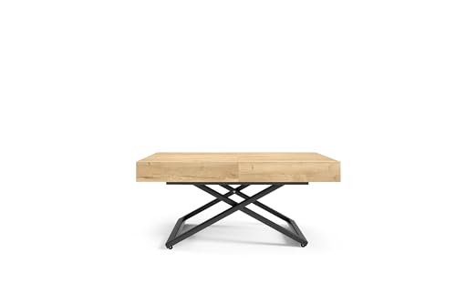 AlpiMeble Höhenverstellbarer ausziehbarer Couchtisch Sena U, ausziehbarer Tisch: 120 cm bis 200 cm, Wohnzimmertisch Farbe: Natural Halifax, mit Metallbeine in Farbe Schwarz von AlpiMeble