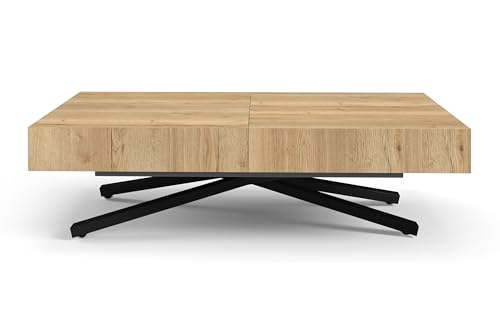 AlpiMeble Höhenverstellbarer ausziehbarer Couchtisch Sena X, ausziehbarer Tisch: 120 cm bis 200 cm, Wohnzimmertisch Farbe: Natural Halifax, mit Metallbeine in Farbe Schwarz von AlpiMeble