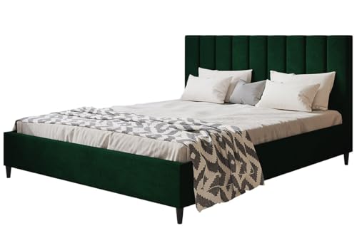 AlpiMeble Polsterbett LUX Tokio mit Kopfteil, 120 x 200 cm, Doppelbett mit Lattenrost aus Holz, Velourstoff Dunkegrün, Füße in Farbe: Schwarz von AlpiMeble