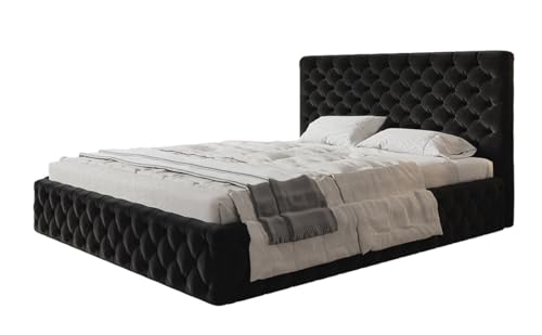 AlpiMeble Polsterbett Miami Slim mit Kopfteil, 160 x 200 cm, Doppelbett mit Bettkasten und Lattenrost aus Holz, Farbe: Schwarz, Velourestoff von AlpiMeble