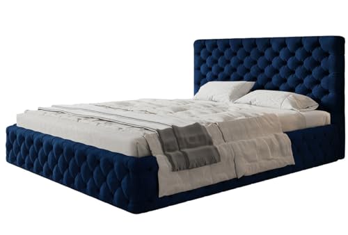 AlpiMeble Polsterbett Miami Slim mit Kopfteil, 180 x 200 cm, Doppelbett mit Bettkasten und Lattenrost aus Holz, Farbe: Dunkelblau, Velourestoff von AlpiMeble