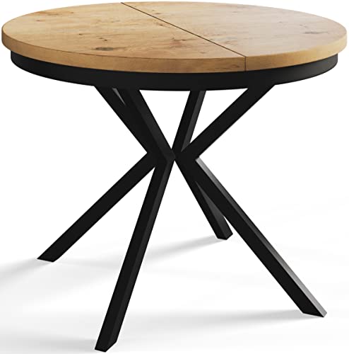 AlpiMeble Runder Esszimmertisch BERGO, ausziehbarer Tisch Durchmesser: 120 cm/200 cm, Wohnzimmertisch Farbe: Hellbraun, mit Metallbeinen in Farbe Schwarz von AlpiMeble