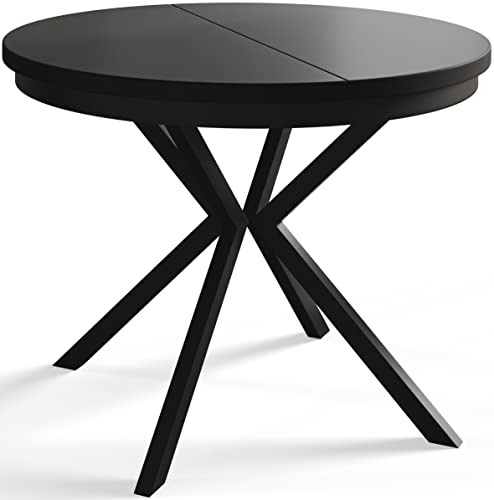 AlpiMeble Runder Esszimmertisch BERGO, ausziehbarer Tisch Durchmesser: 120 cm/200 cm, Wohnzimmertisch Farbe: Schwarz, mit Metallbeinen in Farbe Schwarz von AlpiMeble