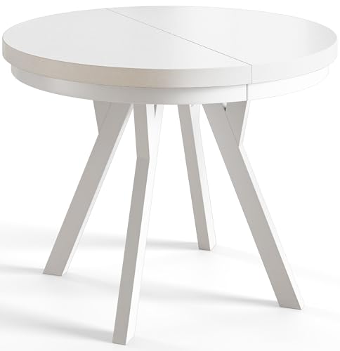 AlpiMeble Runder Esszimmertisch EVO, ausziehbarer Tisch Durchmesser:100 cm bis 200 cm, Wohnzimmertisch Farbe: Weiß, mit Holzbeinen in Farbe Weiß von AlpiMeble