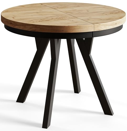 AlpiMeble Runder Esszimmertisch EVO, ausziehbarer Tisch Durchmesser:120 cm bis 220 cm, Wohnzimmertisch Farbe: Craft, mit Holzbeinen in Farbe Schwarz von AlpiMeble