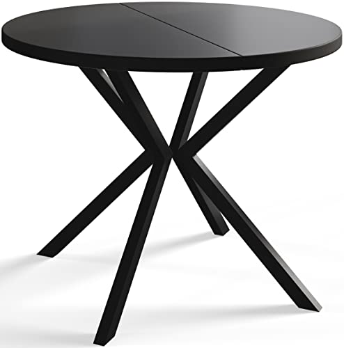 AlpiMeble Runder Esszimmertisch LOFT LITEN, ausziehbarer Tisch Durchmesser: 100 cm/180 cm, Wohnzimmertisch Farbe: Schwarz, mit Metallbeinen in Farbe Schwarz von AlpiMeble