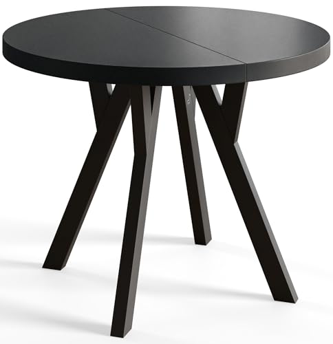 AlpiMeble Runder Esszimmertisch OVO, ausziehbarer Tisch Durchmesser: 110 cm bis 210 cm, Wohnzimmertisch Farbe: Schwarz, mit Holzbeinen in Farbe Schwarz von AlpiMeble
