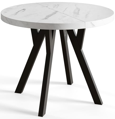 AlpiMeble Runder Esszimmertisch OVO, ausziehbarer Tisch Durchmesser: 120 cm bis 220 cm, Wohnzimmertisch Farbe: MARMUR, mit Holzbeinen in Farbe Schwarz von AlpiMeble