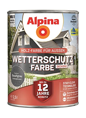 Alpina Holz-Wetterschutz-Farben – Basaltgrau, deckend – bis zu 12 Jahre Schutz vor Witterung und Nässe – schmutzabweisend, deckend & ergiebig – 2,5 Liter von Alpina