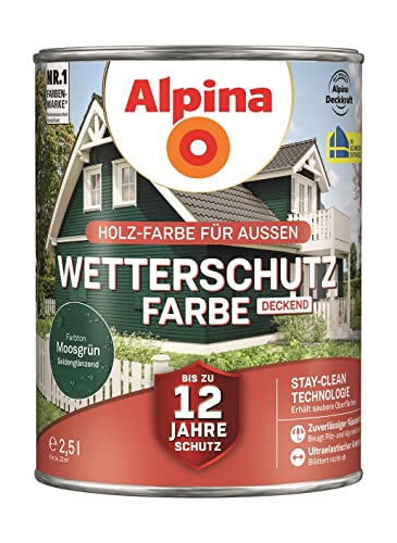 Alpina Holz-Wetterschutz-Farben – Moosgrün, deckend – bis zu 12 Jahre Schutz vor Witterung und Nässe – schmutzabweisend, deckend & ergiebig – 2,5 Liter von Alpina