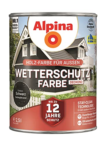 Alpina Holz-Wetterschutz-Farben – Schwarz, deckend – bis zu 12 Jahre Schutz vor Witterung und Nässe – schmutzabweisend, deckend & ergiebig – 2,5 Liter von Alpina
