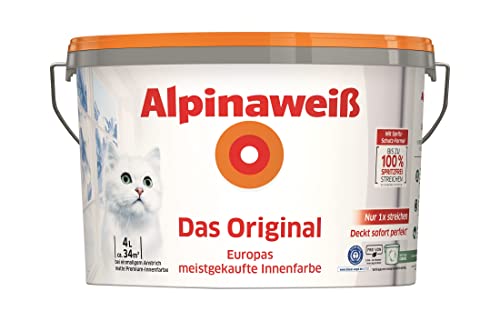 Alpinaweiß Das Original – optimal deckende und ergiebige weiße Wandfarbe – mit Spritz-Schutz-Formel – 4 Liter von Alpina