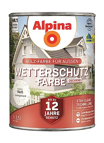Alpina Holz-Wetterschutz-Farben – Weiß, deckend – bis zu 12 Jahre Schutz vor Witterung und Nässe – schmutzabweisend, deckend & ergiebig – 2,5 Liter von Alpina