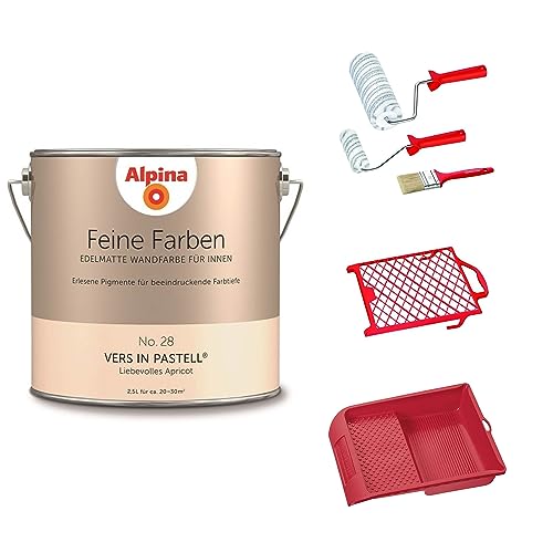 Alpina Feine Farben No. 28 Vers in Pastell | Edelmatte Wandfarbe in Apricot 2,5 L | Komplett-Set mit Pinsel, Farbwalzen, Abstreichgitter, Farbwanne | Premium Innenfarbe von Alpina