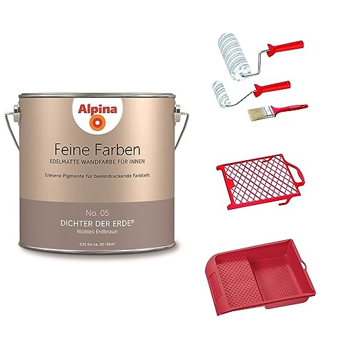 Alpina Feine Farben No. 5 Dichter der Erde | Edelmatte Wandfarbe in Erdbraun 2,5 L | Komplett-Set mit Pinsel, Farbwalzen, Abstreichgitter, Farbwanne | Premium Innenfarbe von Alpina farben