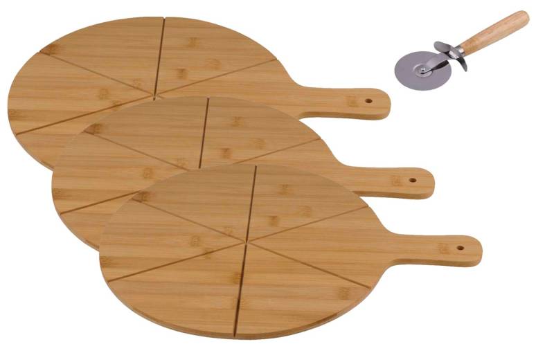 *Alpina* Pizzaschneidebrett Schneidebrett ca. 34cm Echtholz Bambus, 3x Brett + 1 Pizzaschneider, (4-St) von *Alpina*