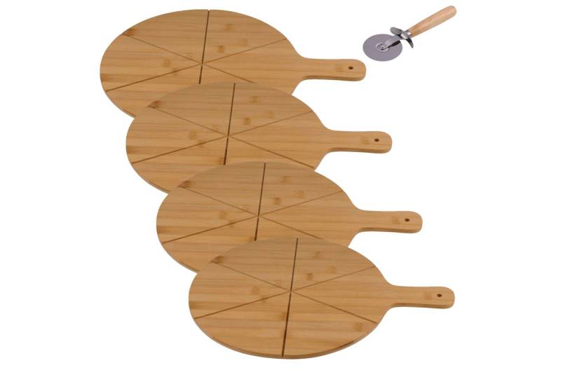 *Alpina* Pizzaschneidebrett Schneidebrett ca. 34cm Echtholz Bambus, 4x Brett + 2 Pizzaschneider, (6-St) von *Alpina*