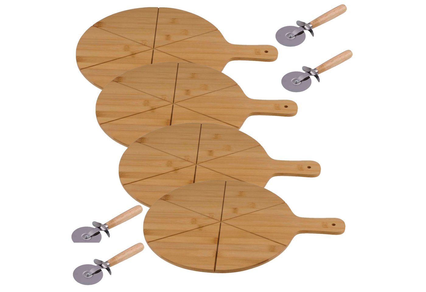 *Alpina* Pizzaschneidebrett Schneidebrett ca. 34cm Echtholz Bambus, 4x Brett + 4x Pizzaschneider, (8-St) von *Alpina*