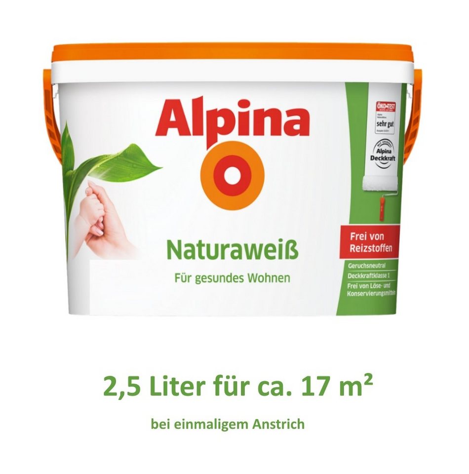 Alpina Wand- und Deckenfarbe Natura Weiss Wandfarbe Allergiker, beste Deckkraft 2,5 Liter Weiss von Alpina