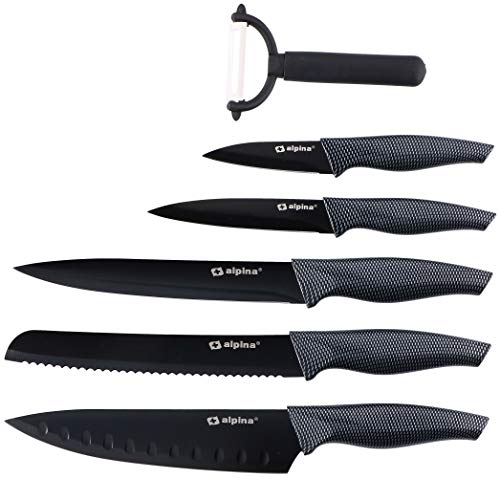 6 teiliges Messer-Set Brot, Fleisch, Allzweck, Schäler und Santoku-Messer - Inklusive Sparschäler - Ideal für die Profiküche und auch semiprofessionelle Küche von alpina