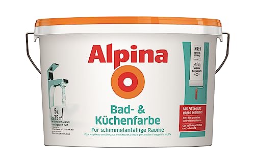 Alpina Bad- und Küchenfarbe in weiß matt – Anti-Schimmel Wandfarbe für Feuchträume – ergiebig, gut deckend & reinigungsfähig – 5 Liter von Alpina