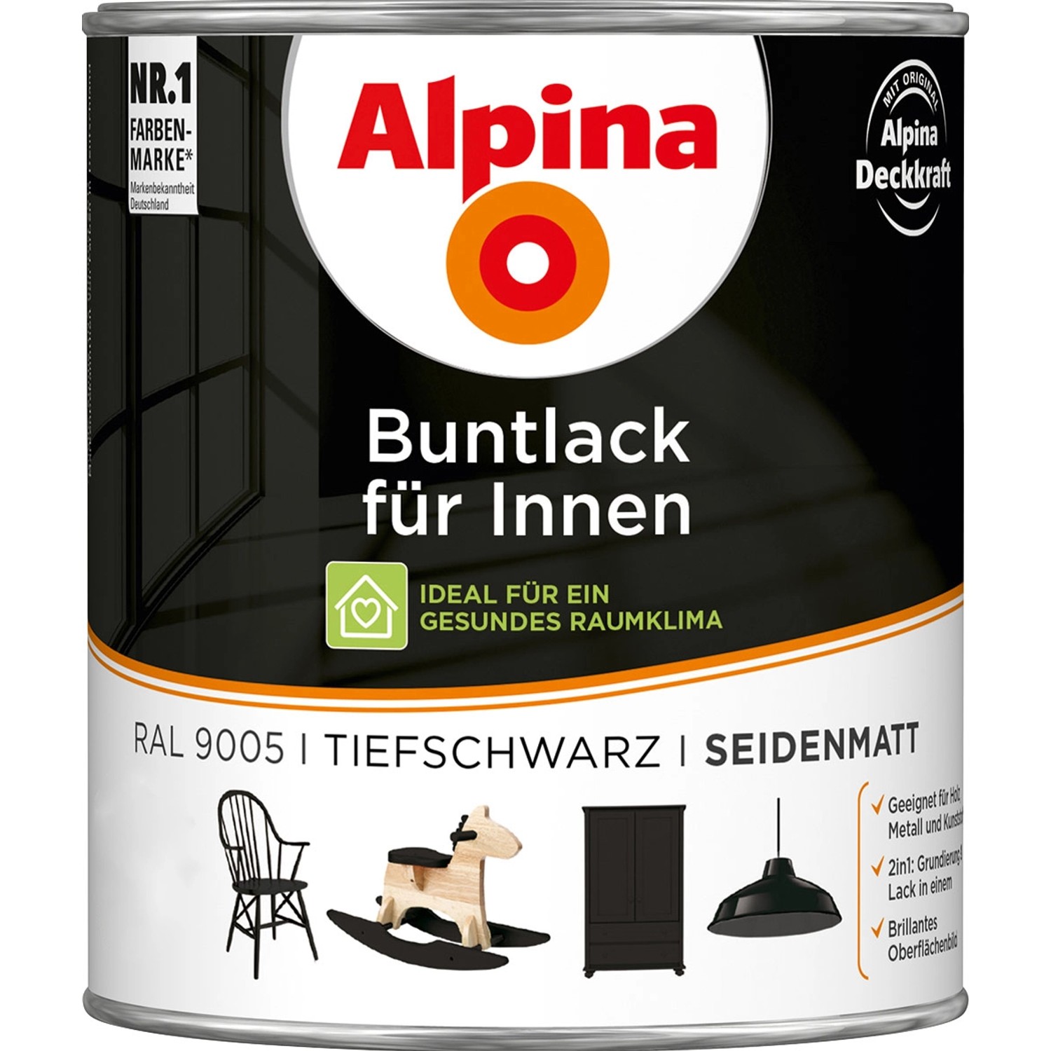 Alpina Buntlack für Innen Tiefschwarz seidenmatt 750 ml von Alpina