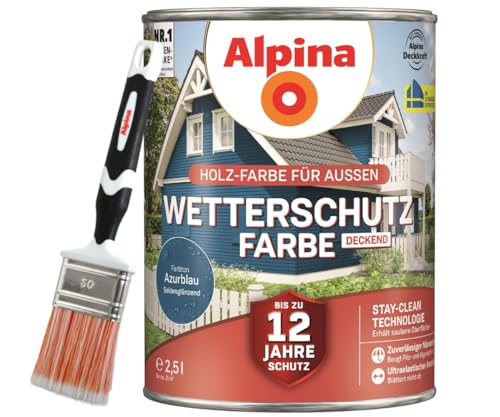 Alpina Holz-Wetterschutz-Farben inkl. Pinsel 50 mm - Azurblau, deckend - bis zu 12 Jahre Schutz vor Witterung und Nässe – schmutzabweisend, deckend & ergiebig – 2,5 L von Alpina