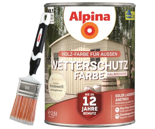 Alpina Holz-Wetterschutz-Farben inkl. Pinsel 50 mm – Kreideweiß, halbdeckend, seidenmatt – bis zu 12 Jahre Schutz vor Witterung und Nässe – schmutzabweisend, deckend & ergiebig – 2,5 L Alpina Holz-Wetterschutz-Farben inkl. Pinsel 50 mm – Kreideweiß, halbdeckend, seidenmatt – bis zu 12 Jahre Schutz vor Witterung und Nässe – schmutzabweisend, deckend & ergiebig – 2,5 L von Alpina