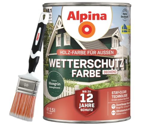 Alpina Holz-Wetterschutz-Farben inkl. Pinsel 50 mm - Moosgrün, deckend - bis zu 12 Jahre Schutz vor Witterung und Nässe – schmutzabweisend, deckend & ergiebig – 2,5 L Alpina Holz-Wetterschutz-Farben inkl. Pinsel 50 mm - Moosgrün, deckend - bis zu 12 Jahre Schutz vor Witterung und Nässe – schmutzabweisend, deckend & ergiebig – 2,5 L von Alpina