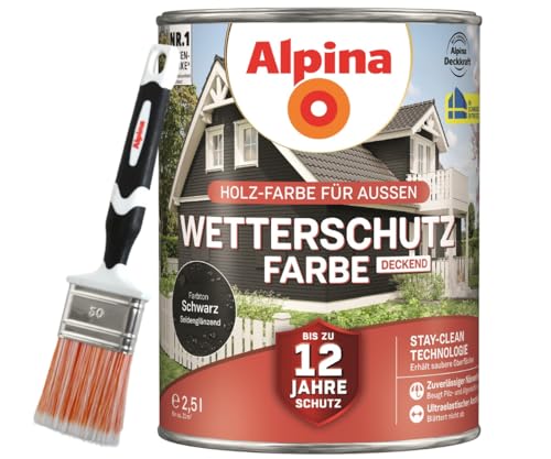 Alpina Holz-Wetterschutz-Farben inkl. Pinsel 50 mm - Schwarz, deckend - bis zu 12 Jahre Schutz vor Witterung und Nässe – schmutzabweisend, deckend & ergiebig – 2,5 L Alpina Holz-Wetterschutz-Farben inkl. Pinsel 50 mm - Schwarz, deckend - bis zu 12 Jahre Schutz vor Witterung und Nässe – schmutzabweisend, deckend & ergiebig – 2,5 L von Alpina