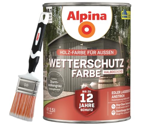 Alpina Holz-Wetterschutz-Farben inkl. Pinsel 50 mm – Sturmwolkengrau, halbdeckend, seidenmatt – bis zu 12 Jahre Schutz vor Witterung und Nässe – schmutzabweisend, deckend & ergiebig – 2,5 L Alpina Holz-Wetterschutz-Farben inkl. Pinsel 50 mm – Sturmwolkengrau, halbdeckend, seidenmatt – bis zu 12 Jahre Schutz vor Witterung und Nässe – schmutzabweisend, deckend & ergiebig – 2,5 L von Alpina