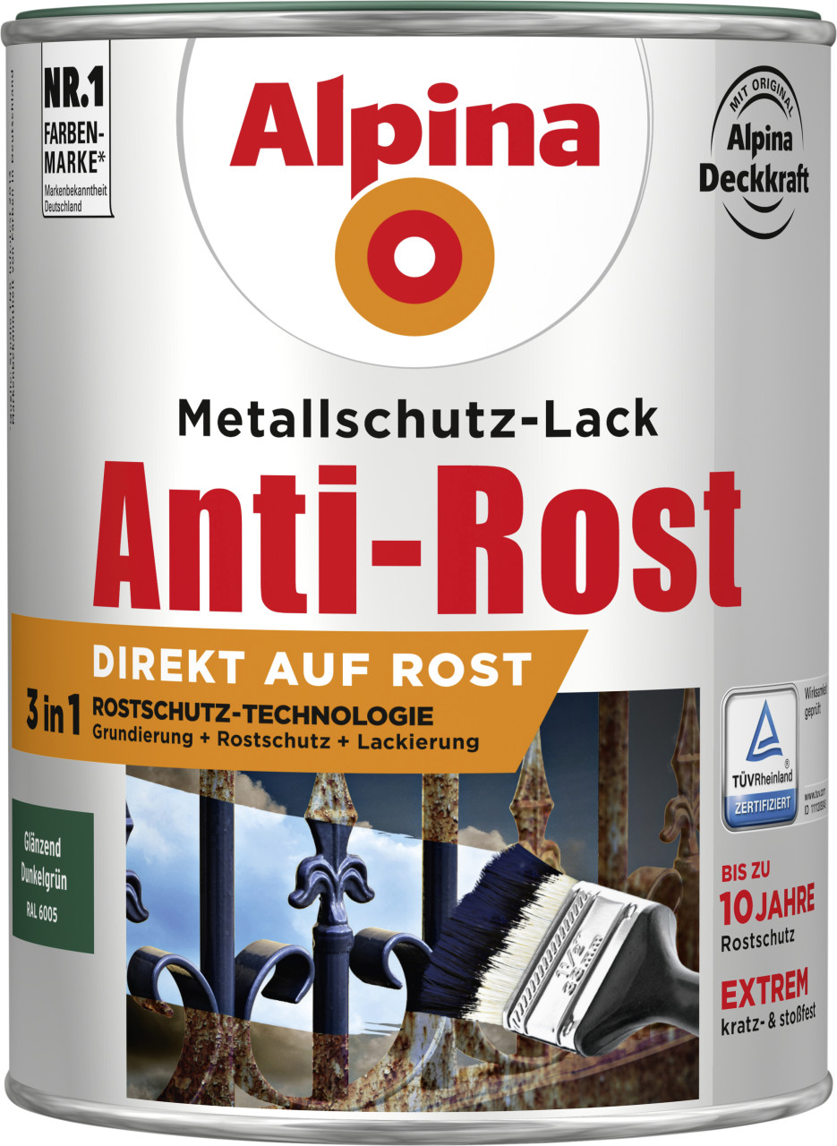 Alpina Metallschutz-Lack Anti-Rost 2,5 L dunkelgrün glänzend von Alpina