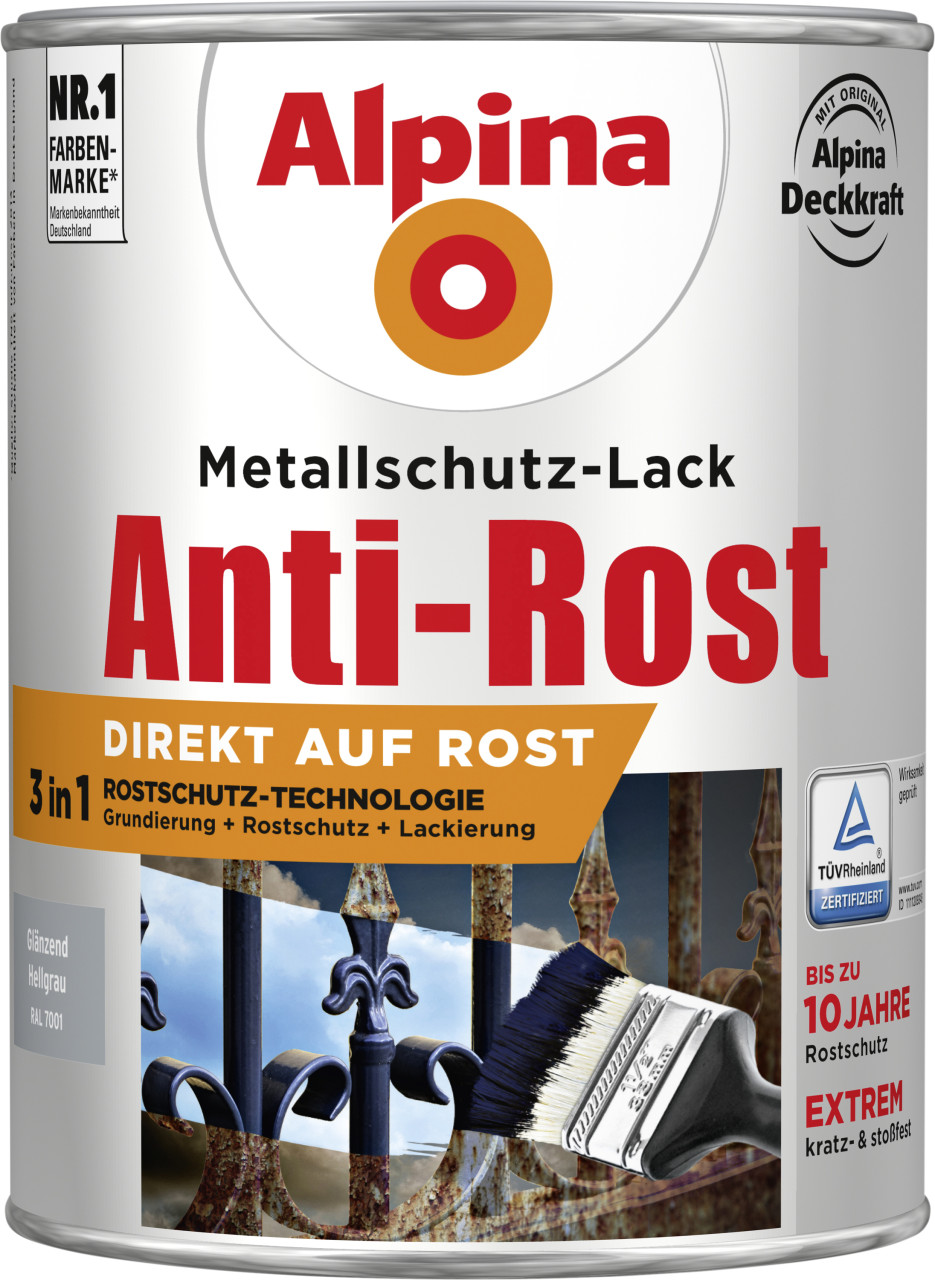 Alpina Metallschutz-Lack Anti-Rost 2,5 L hellgrau glänzend von Alpina