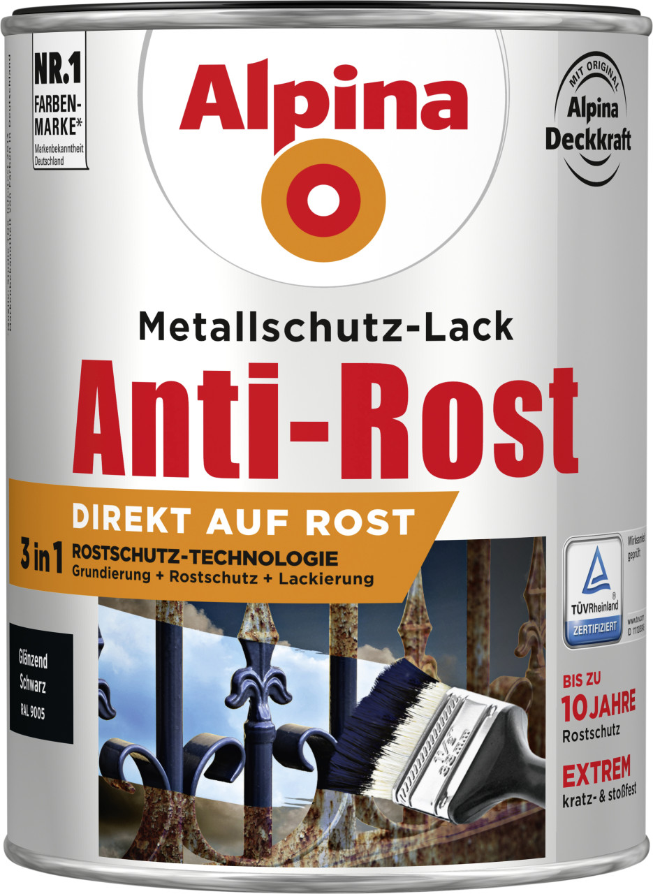 Alpina Metallschutz-Lack Anti-Rost 2,5 L schwarz glänzend von Alpina