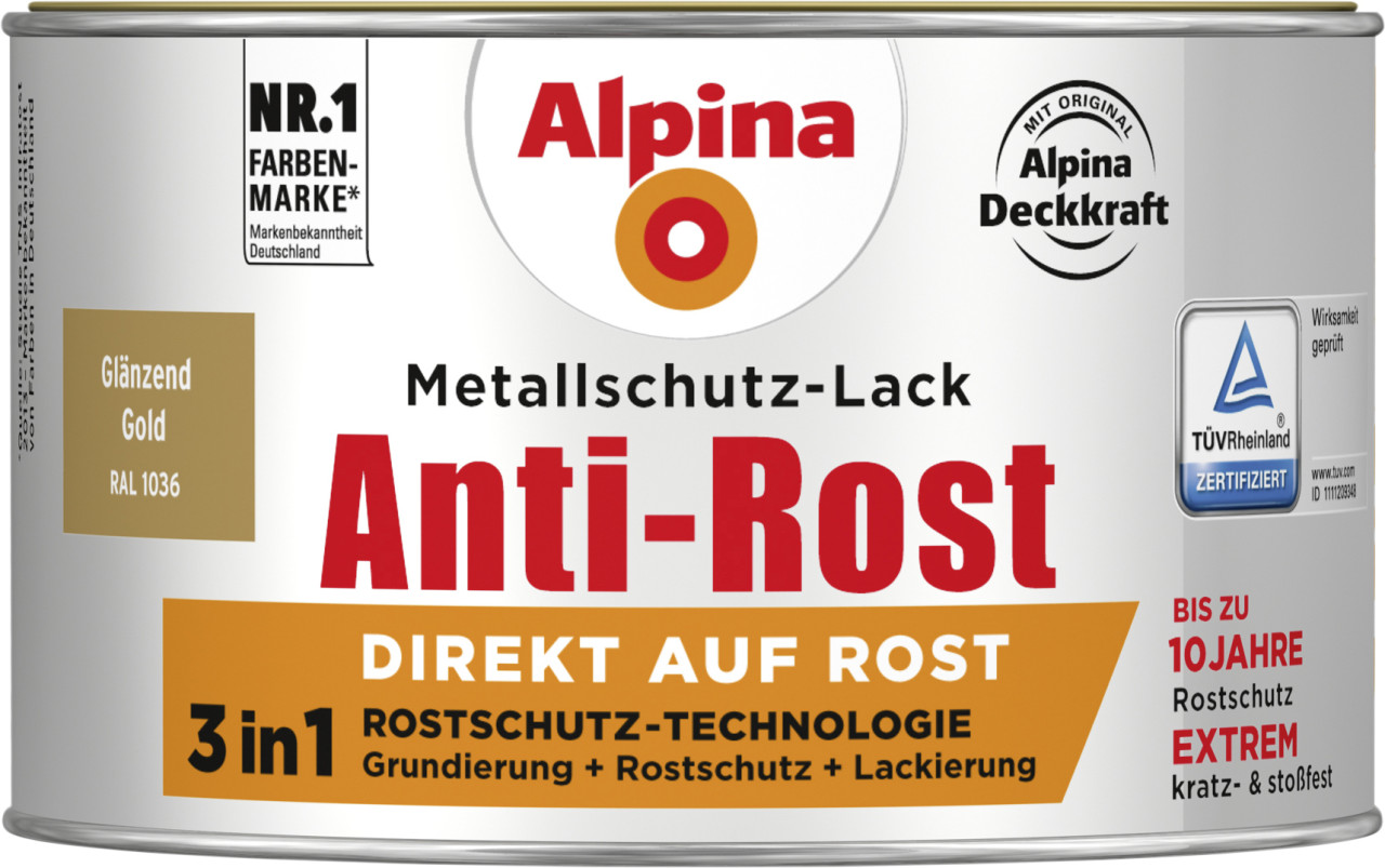 Alpina Metallschutz-Lack Anti-Rost 300 ml gold glänzend von Alpina