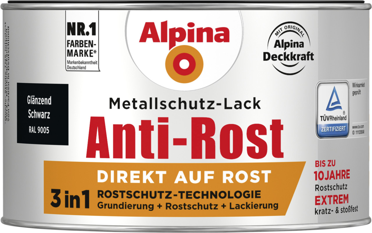 Alpina Metallschutz-Lack Anti-Rost 300 ml schwarz glänzend von Alpina