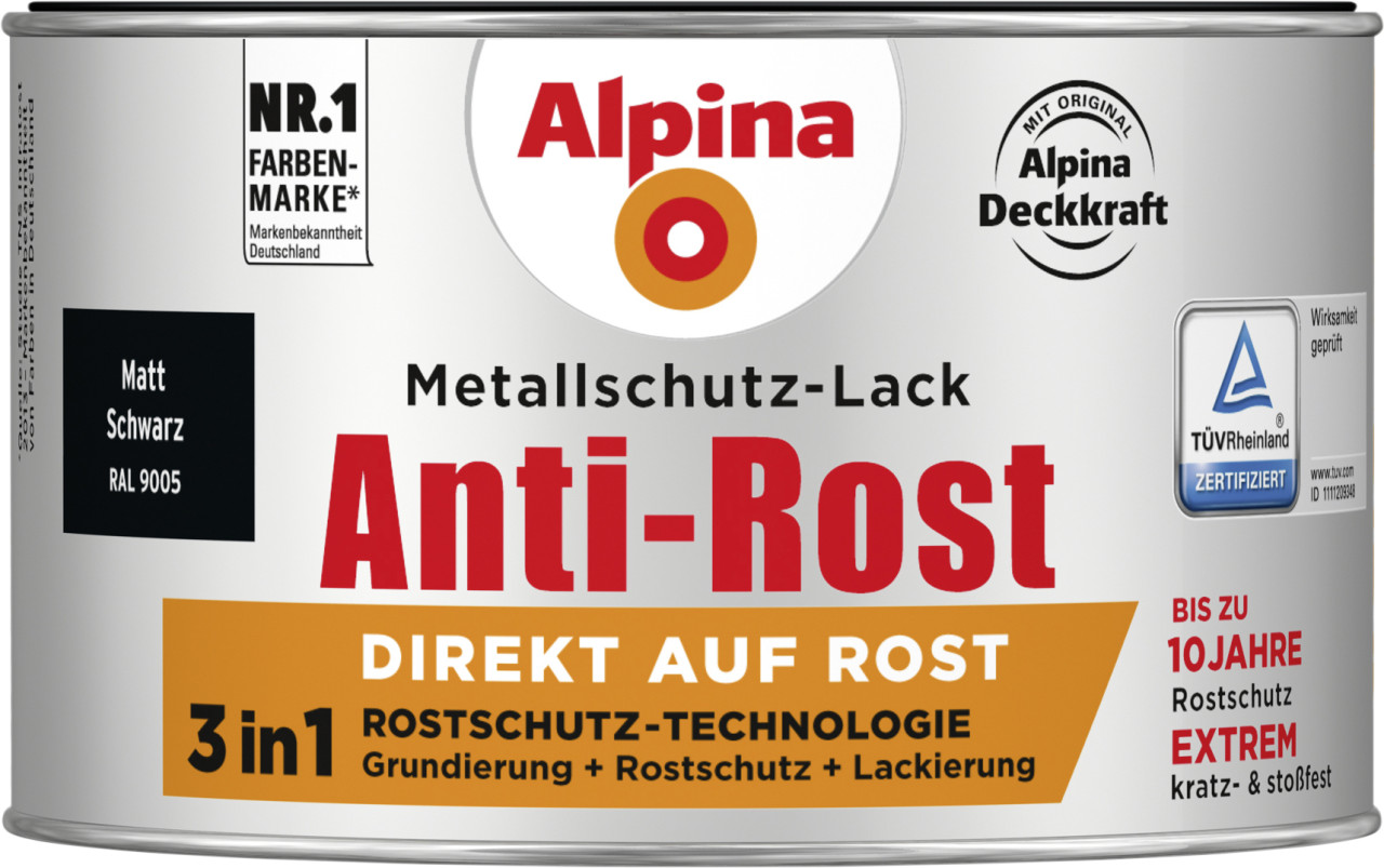 Alpina Metallschutz-Lack Anti-Rost 300 ml schwarz matt von Alpina
