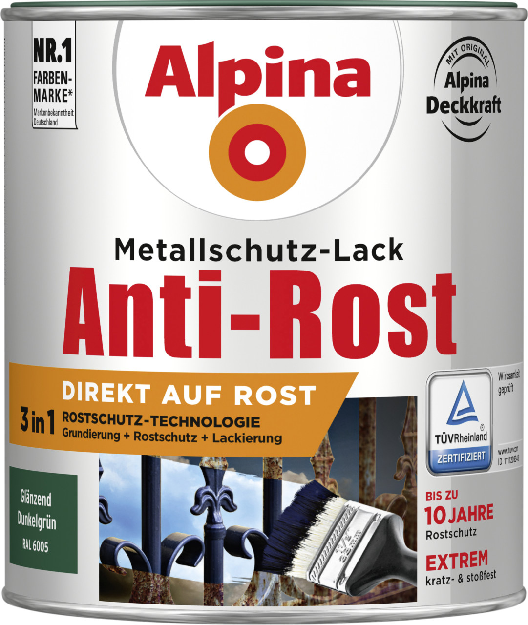 Alpina Metallschutz-Lack Anti-Rost 750 ml dunkelgrün glänzend von Alpina