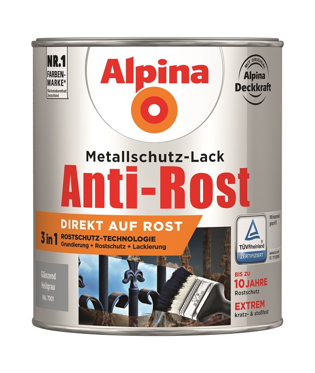 Alpina Metallschutz-Lack Anti-Rost 750 ml hellgrau glänzend von Alpina