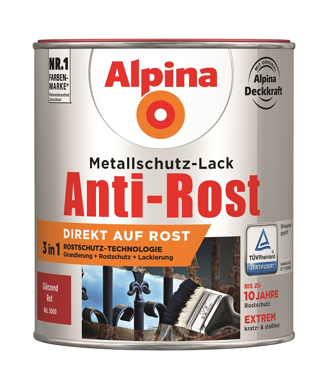 Alpina Metallschutz-Lack Anti-Rost 750 ml rot glänzend von Alpina