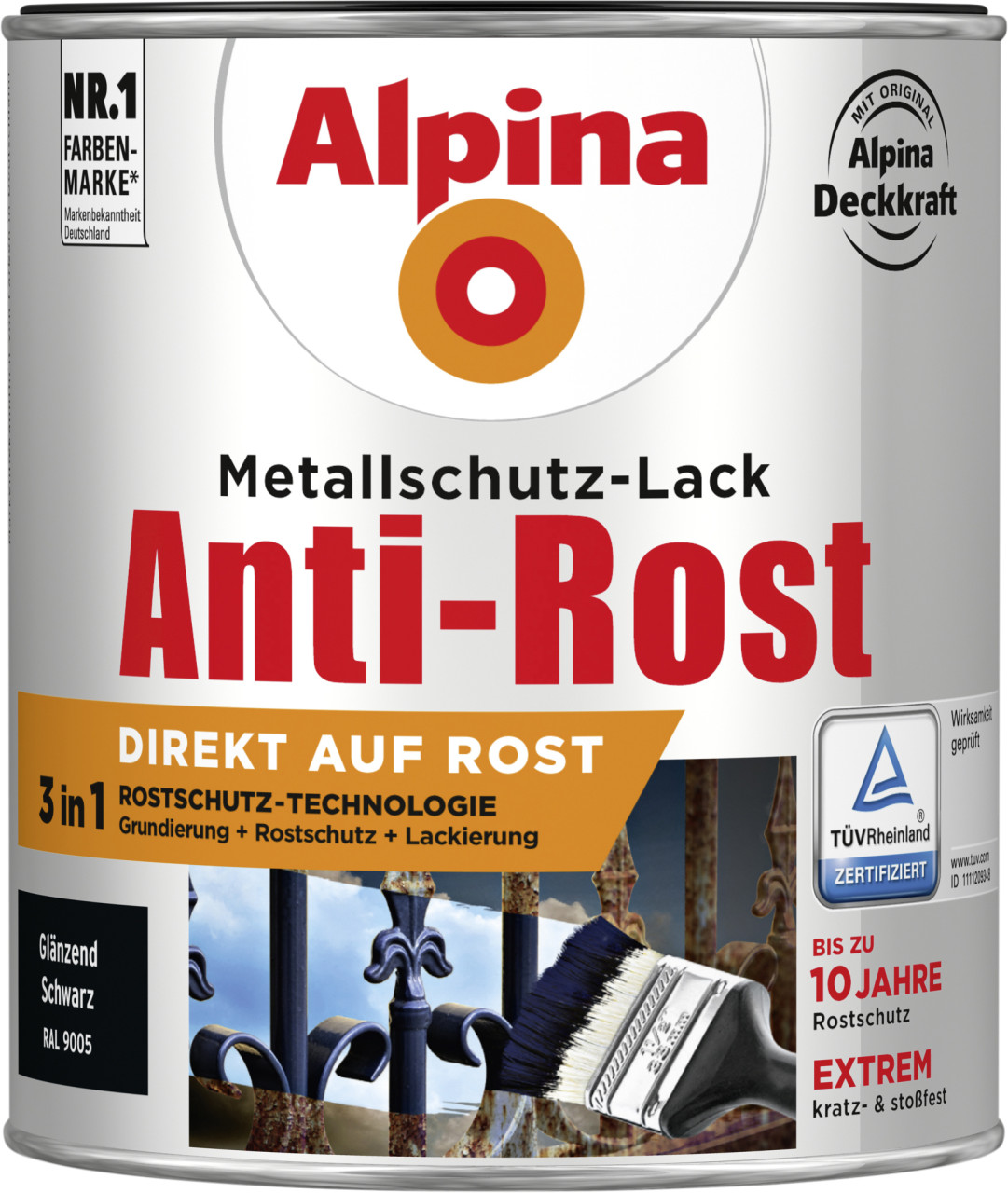 Alpina Metallschutz-Lack Anti-Rost 750 ml schwarz glänzend von Alpina