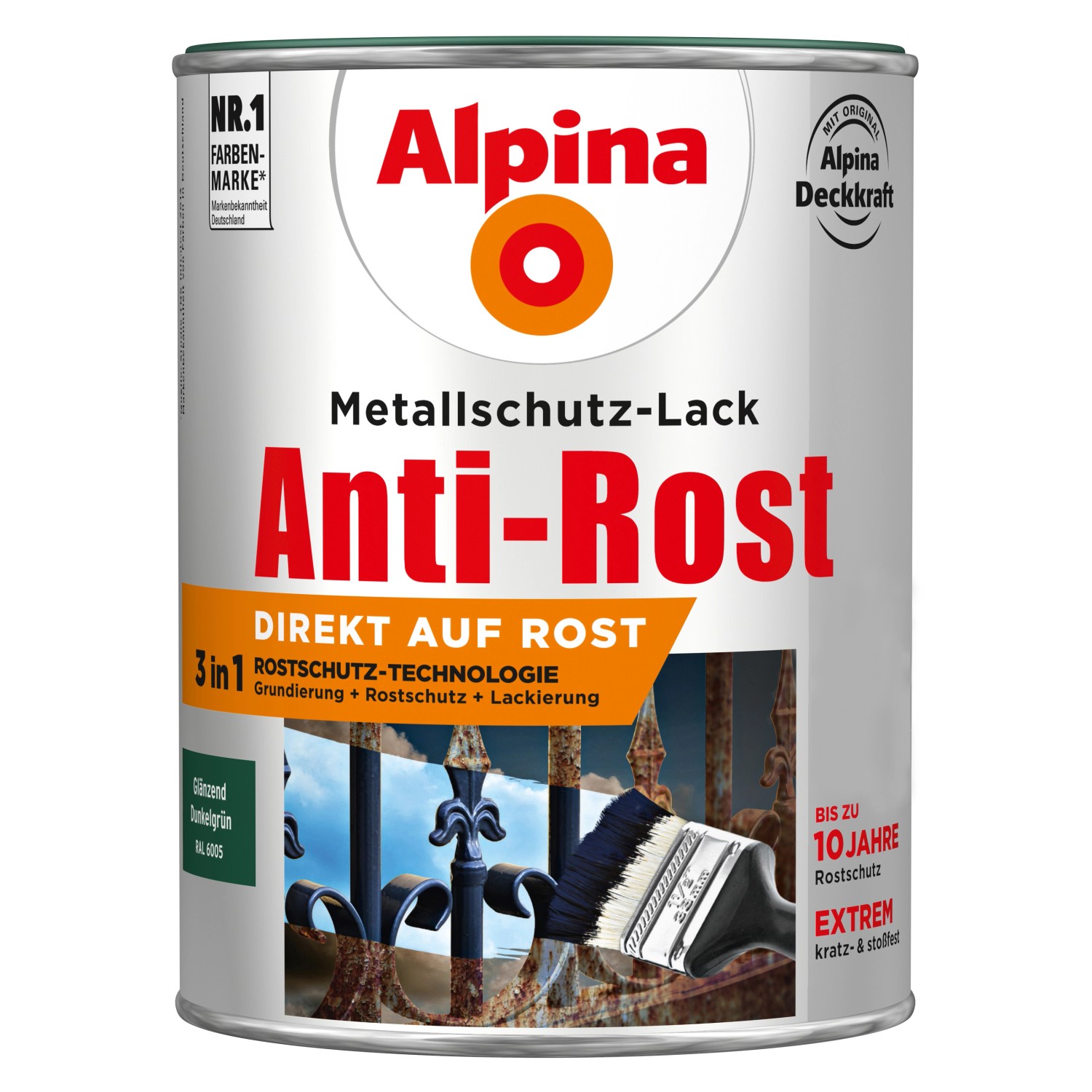 Alpina Metallschutz-Lack Anti-Rost Dunkelgrün glänzend 2,5 Liter von Alpina