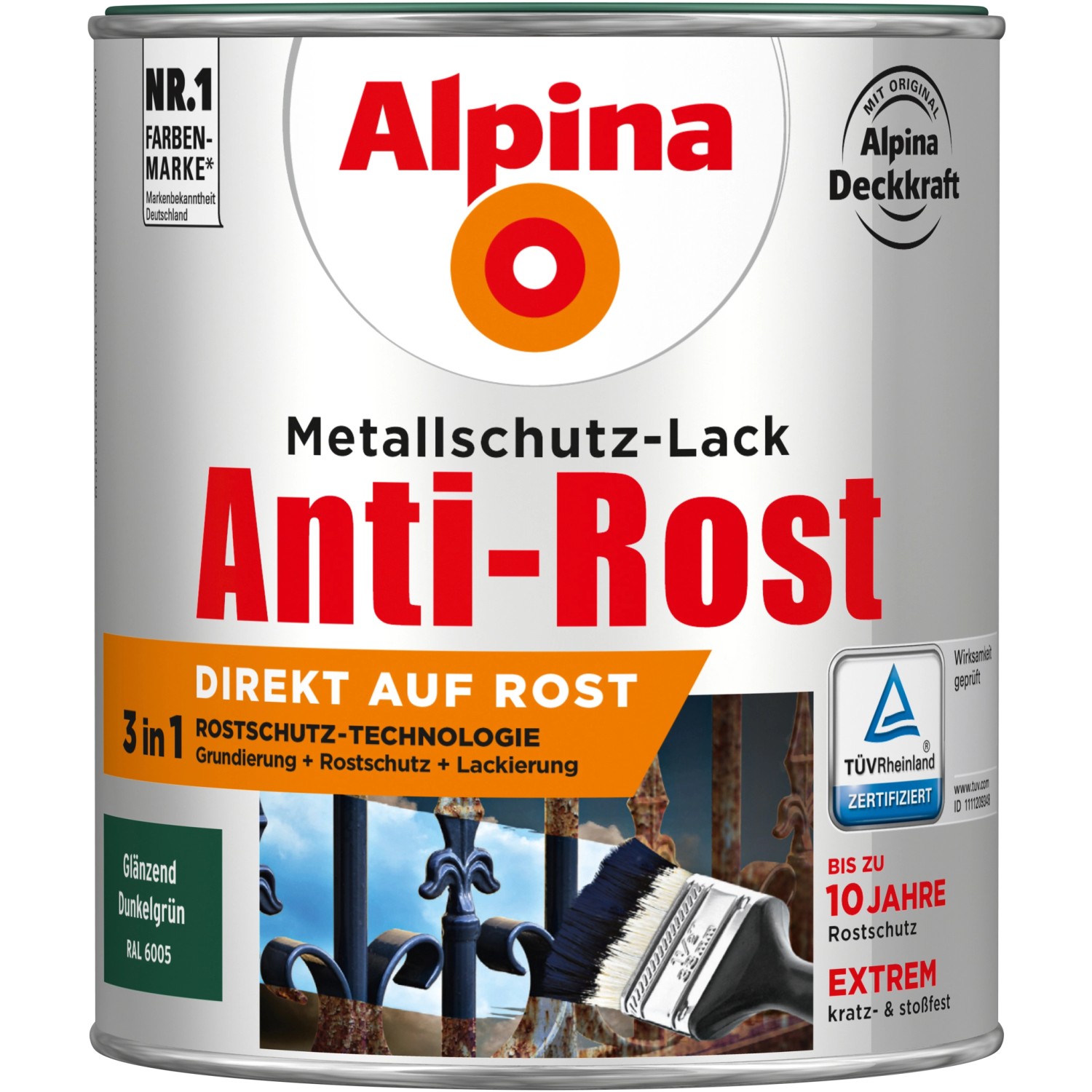 Alpina Metallschutz-Lack Anti-Rost Dunkelgrün glänzend 750 ml von Alpina