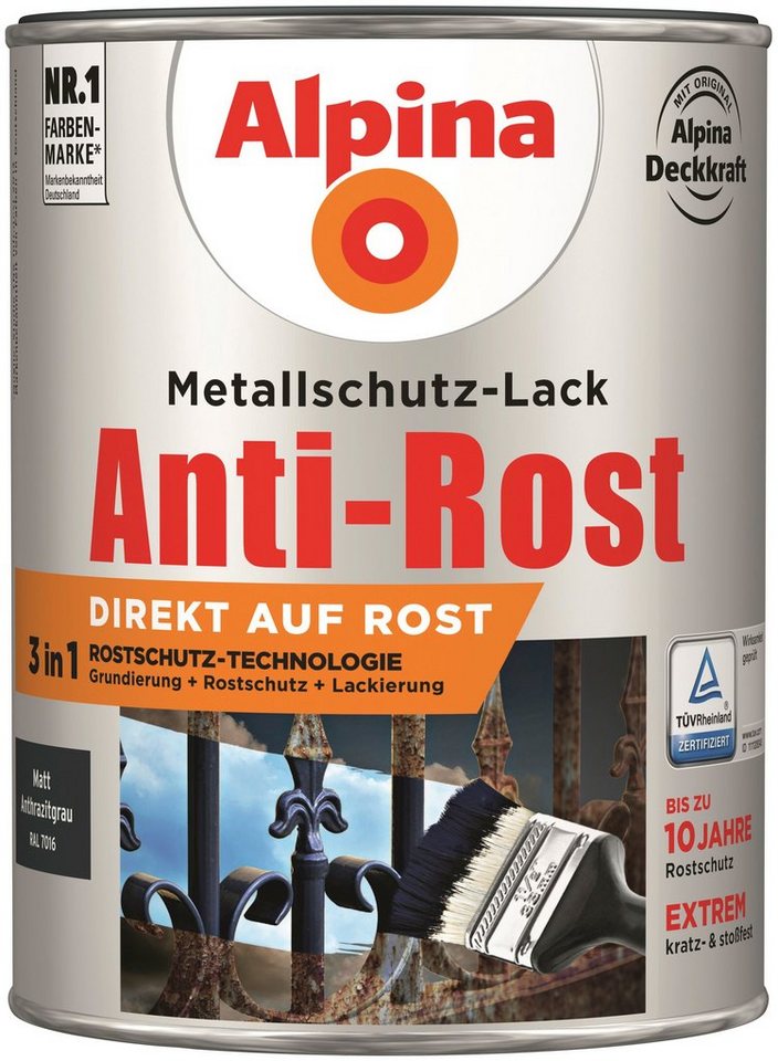 Alpina Metallschutzlack Anti-Rost, matt, 2,5 Liter für ca. 14 m² bei 2 Anstrichen von Alpina
