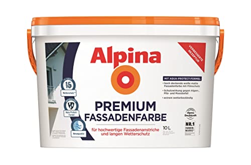 Alpina Premium Fassadenfarbe – weiß, matt – hochwertige Aussenfarbe mit langem Wetterschutz – ergiebig, wetterbeständig & atmungsaktiv – 10 Liter von Alpina